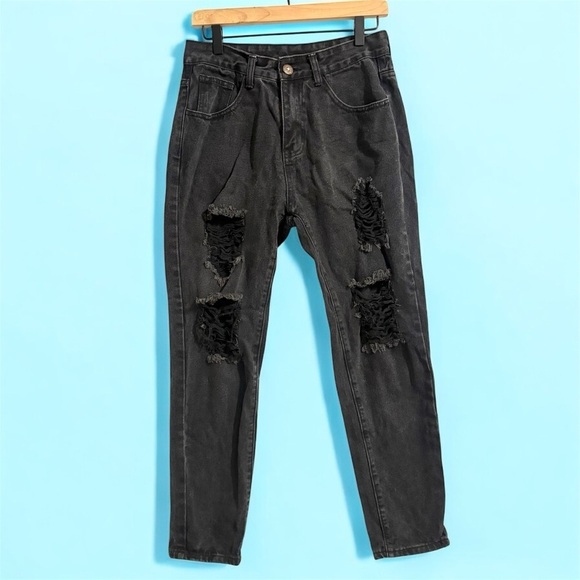 Denim - Black Charcoal Distressed High Rise Skinny Jeans 29” Waist Punk Grunge